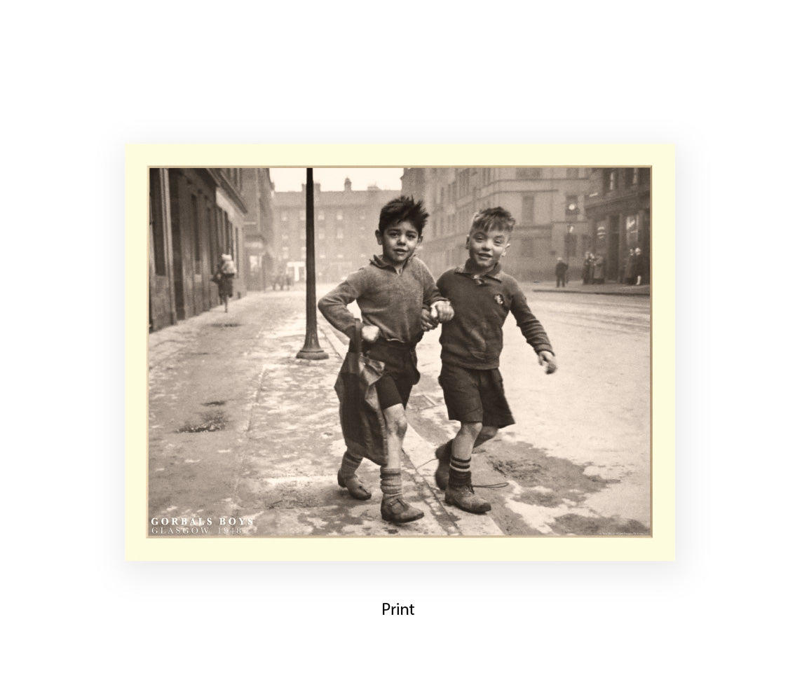 Sepia photographic print of two young boys walking in the Gorbals, Glasgow, 1948, street scene with tenement buildings