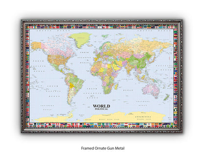 World Map Poster With Flags Surround