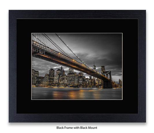 NYC Brooklyn Bridge & Manhattan Skyline At Night - Sepia - Mounted & Framed Art Print