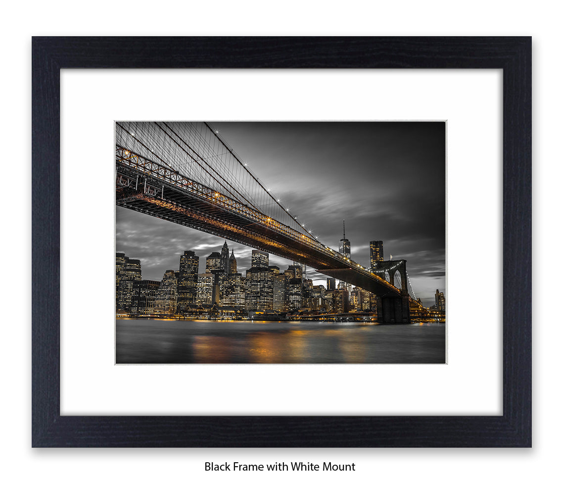 NYC Brooklyn Bridge & Manhattan Skyline At Night - Sepia - Mounted & Framed Art Print