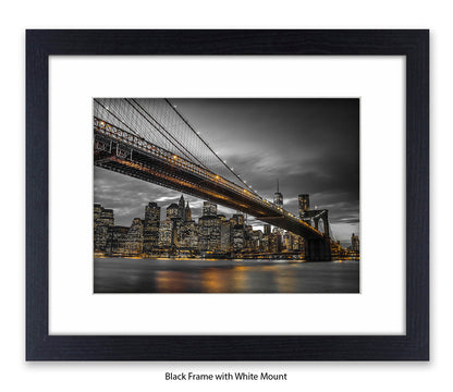 NYC Brooklyn Bridge & Manhattan Skyline At Night - Sepia - Mounted & Framed Art Print