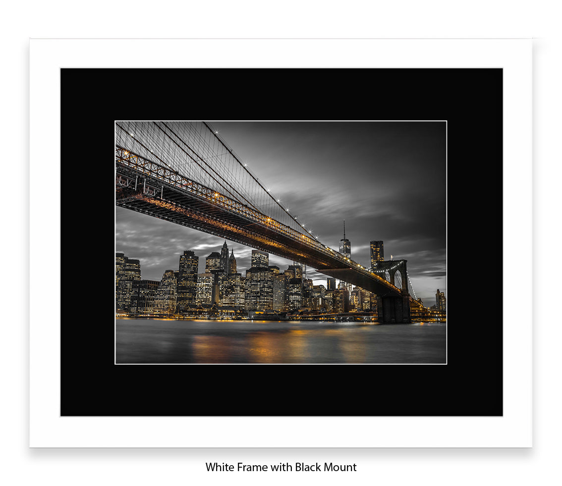 NYC Brooklyn Bridge & Manhattan Skyline At Night - Sepia - Mounted & Framed Art Print