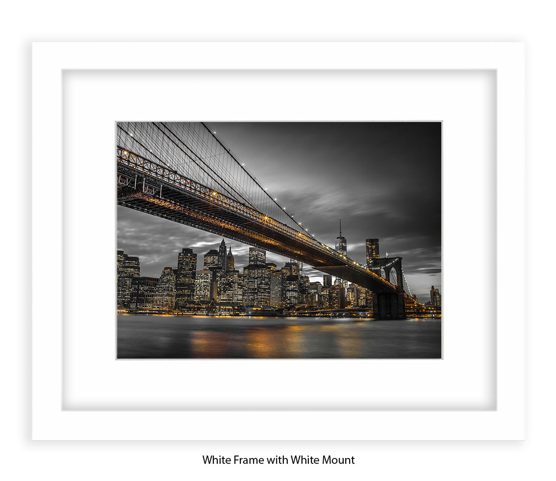 NYC Brooklyn Bridge & Manhattan Skyline At Night - Sepia - Mounted & Framed Art Print