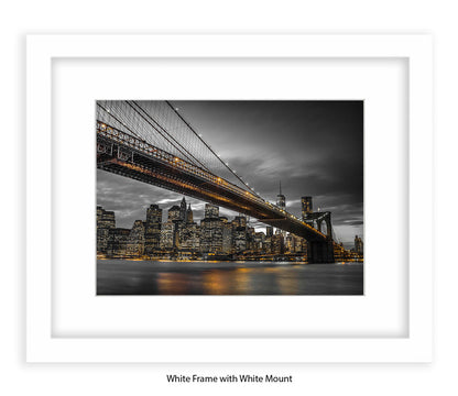 NYC Brooklyn Bridge & Manhattan Skyline At Night - Sepia - Mounted & Framed Art Print