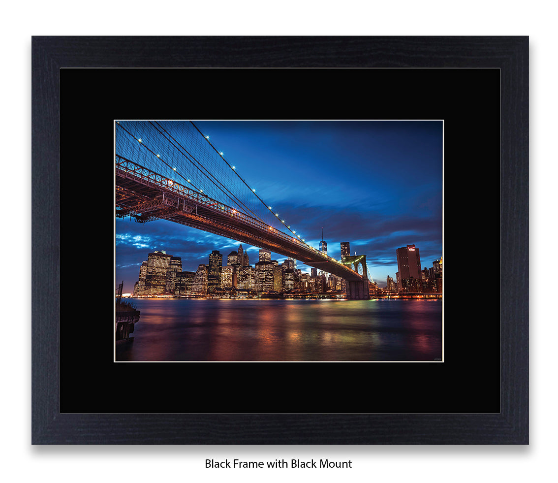 NYC Brooklyn Bridge & Manhattan Skyline at Night - Blue - Mounted & Framed Art Print