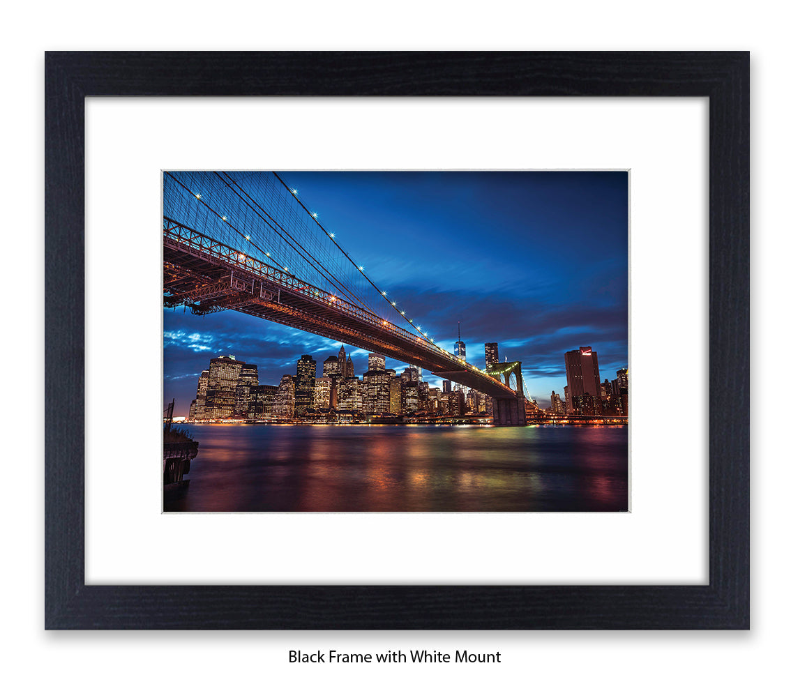 NYC Brooklyn Bridge & Manhattan Skyline at Night - Blue - Mounted & Framed Art Print