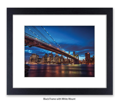 NYC Brooklyn Bridge & Manhattan Skyline at Night - Blue - Mounted & Framed Art Print