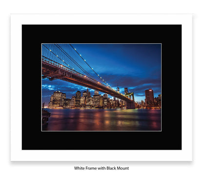 NYC Brooklyn Bridge & Manhattan Skyline at Night - Blue - Mounted & Framed Art Print