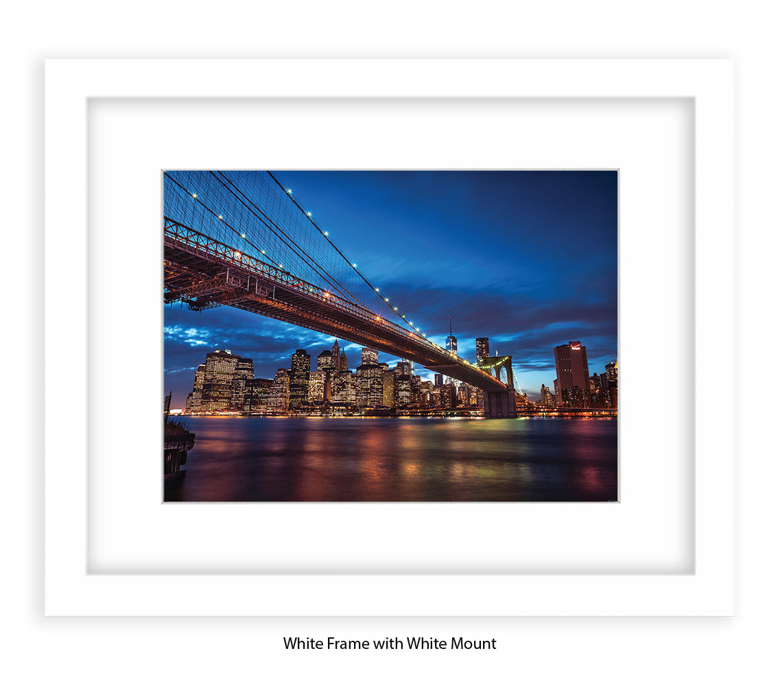 NYC Brooklyn Bridge & Manhattan Skyline at Night - Blue - Mounted & Framed Art Print