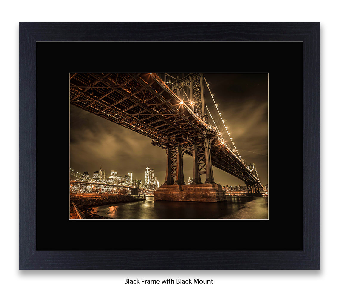 Manhattan Bridge Over East River - Sepia - Mounted & Framed Art Print
