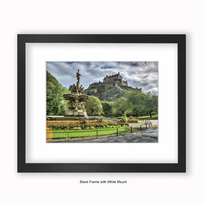 Edinburgh Castle - Water Fountain Colour - Mounted & Framed Art Print