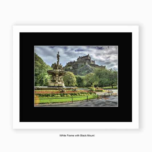 Edinburgh Castle - Water Fountain Colour - Mounted & Framed Art Print