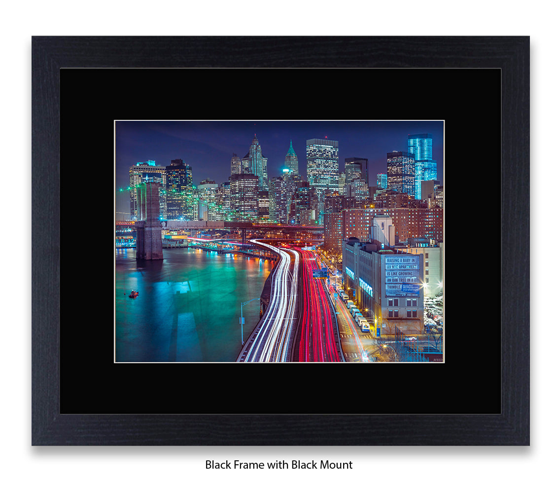 NYC Manhattan - Skyline Car Trails - Close Up - Mounted & Framed Art Print