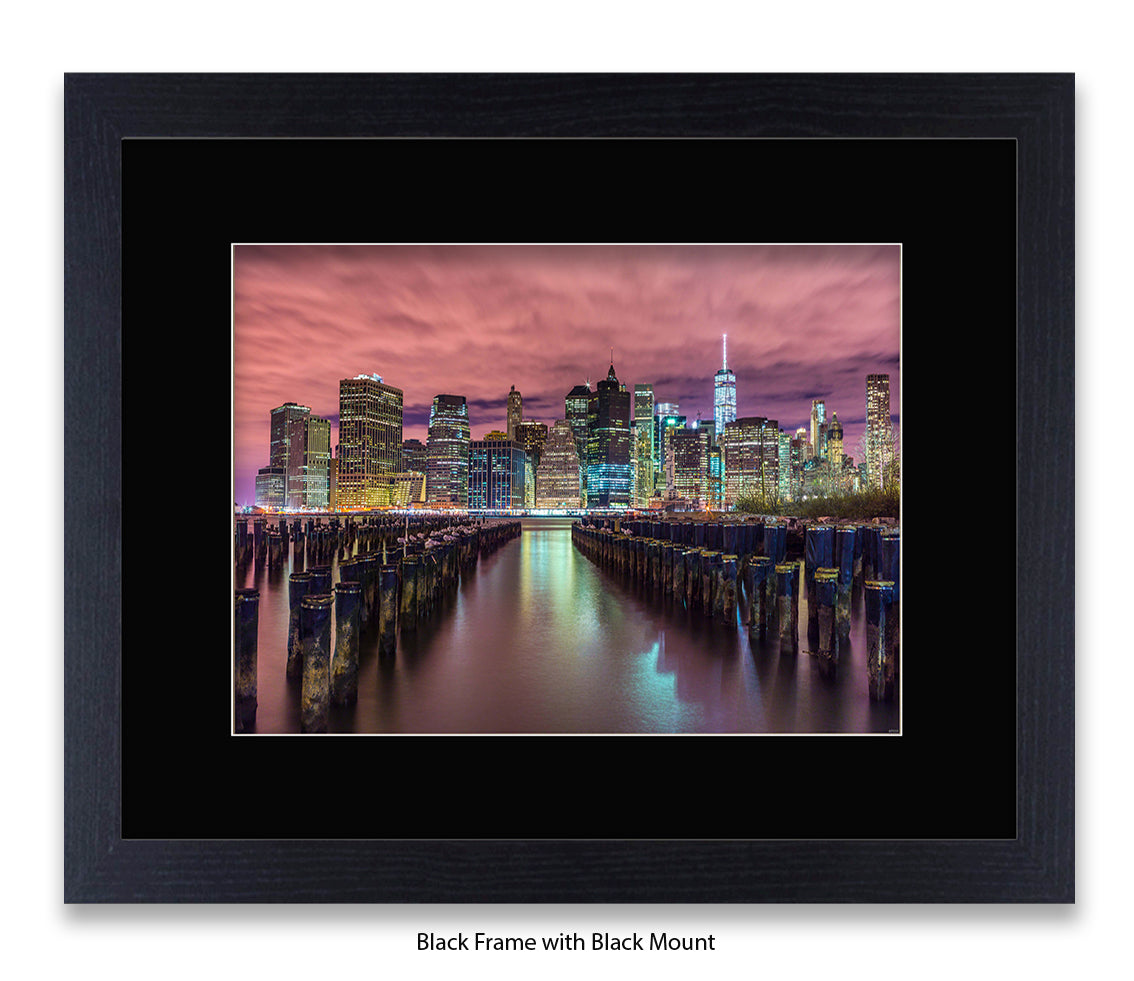 NYC Manhattan - Skyline Groins - Red Sky - Mounted & Framed Art Print