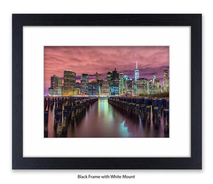 NYC Manhattan - Skyline Groins - Red Sky - Mounted & Framed Art Print