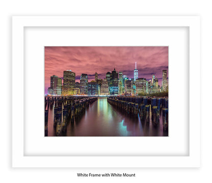 NYC Manhattan - Skyline Groins - Red Sky - Mounted & Framed Art Print