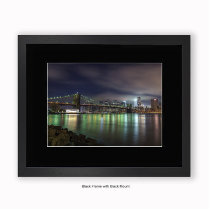 NYC Manhattan Skyline At Night Reflection - Mounted & Framed Art Print
