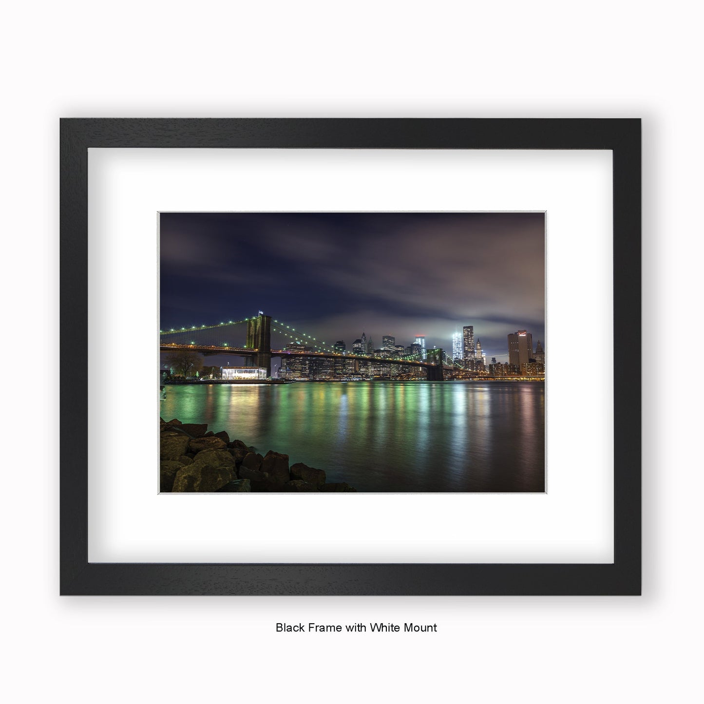 NYC Manhattan Skyline At Night Reflection - Mounted & Framed Art Print
