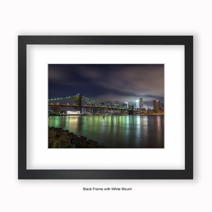 NYC Manhattan Skyline At Night Reflection - Mounted & Framed Art Print