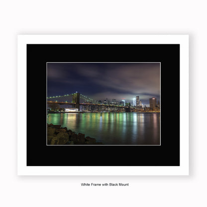 NYC Manhattan Skyline At Night Reflection - Mounted & Framed Art Print