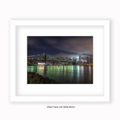 NYC Manhattan Skyline At Night Reflection - Mounted & Framed Art Print
