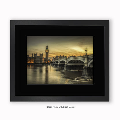 London - Big Ben Sunset Sepia - Mounted & Framed Art Print