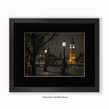 London Big Ben 6.45pm At Night - Mounted & Framed Art Print