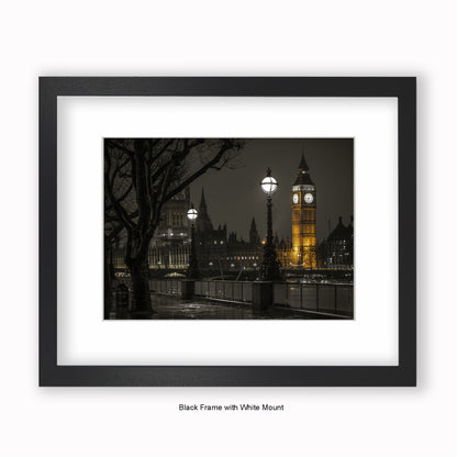 London Big Ben 6.45pm At Night - Mounted & Framed Art Print