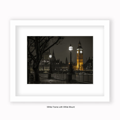 London Big Ben 6.45pm At Night - Mounted & Framed Art Print