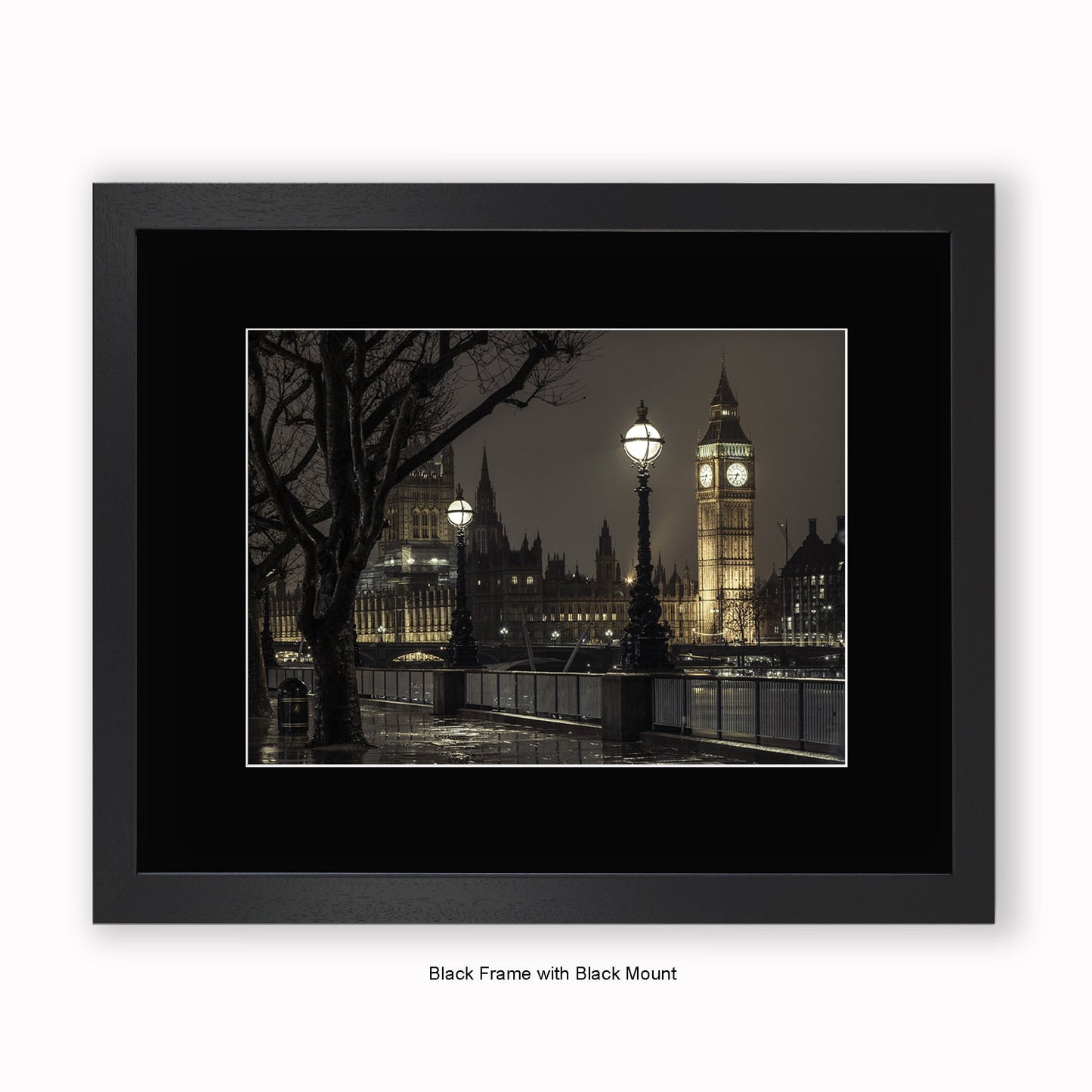 London Big Ben 6.45pm At Night Sepia - Mounted & Framed Art Print