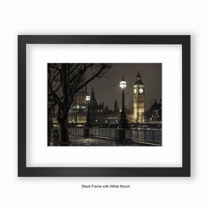 London Big Ben 6.45pm At Night Sepia - Mounted & Framed Art Print