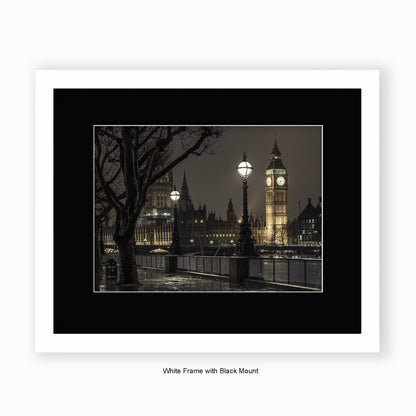 London Big Ben 6.45pm At Night Sepia - Mounted & Framed Art Print