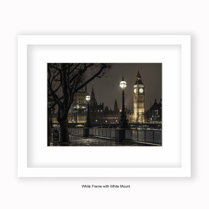 London Big Ben 6.45pm At Night Sepia - Mounted & Framed Art Print
