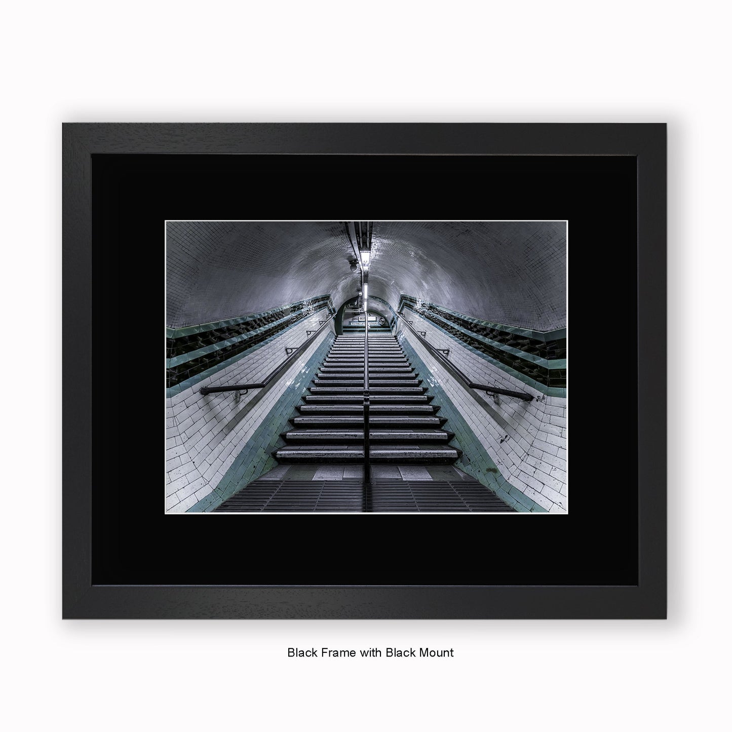London - Undergound Stairs Black & Green Stripes - Mounted & Framed Art Print