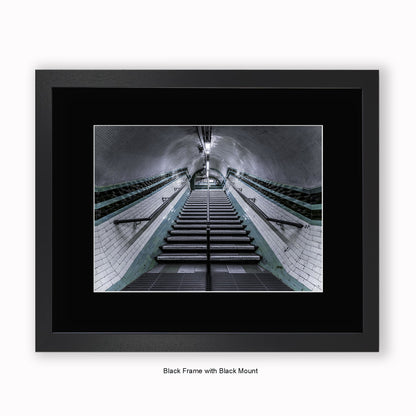 London - Undergound Stairs Black & Green Stripes - Mounted & Framed Art Print