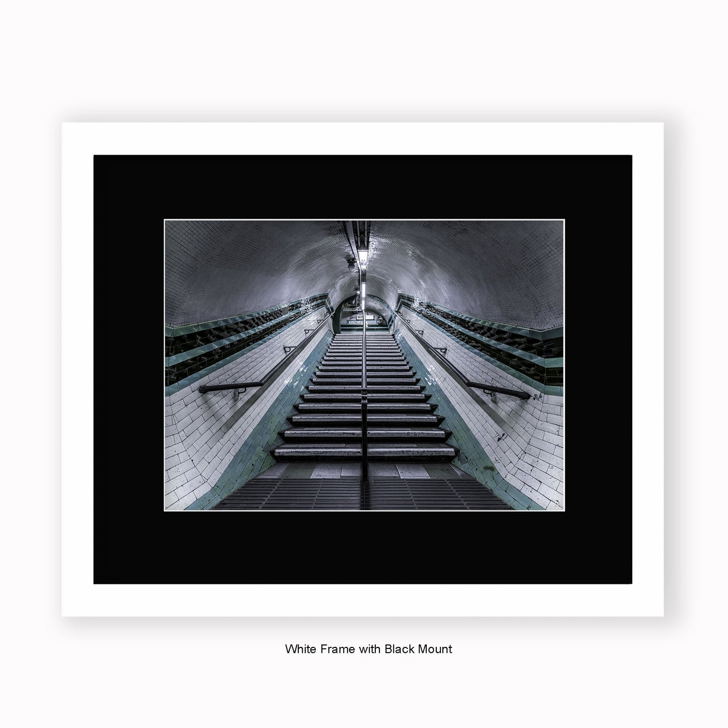 London - Undergound Stairs Black & Green Stripes - Mounted & Framed Art Print