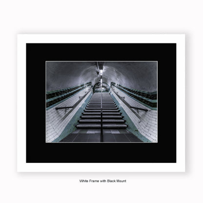 London - Undergound Stairs Black & Green Stripes - Mounted & Framed Art Print