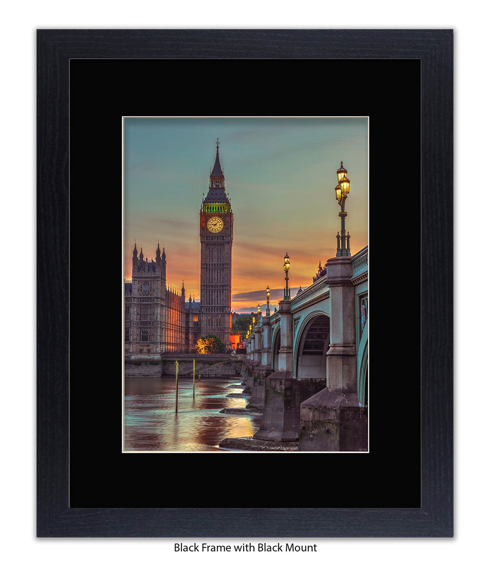 London - Big Ben Westminster Bridge - Sunset Colour - Mounted & Framed Art Print