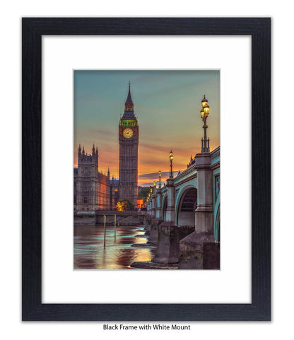 London - Big Ben Westminster Bridge - Sunset Colour - Mounted & Framed Art Print