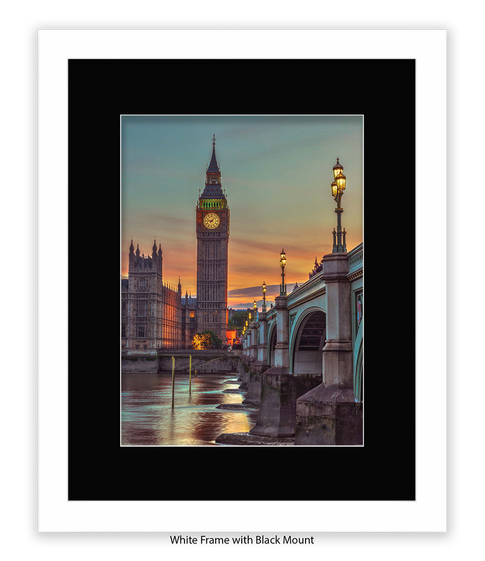 London - Big Ben Westminster Bridge - Sunset Colour - Mounted & Framed Art Print