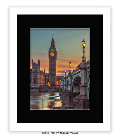 London - Big Ben Westminster Bridge - Sunset Colour - Mounted & Framed Art Print