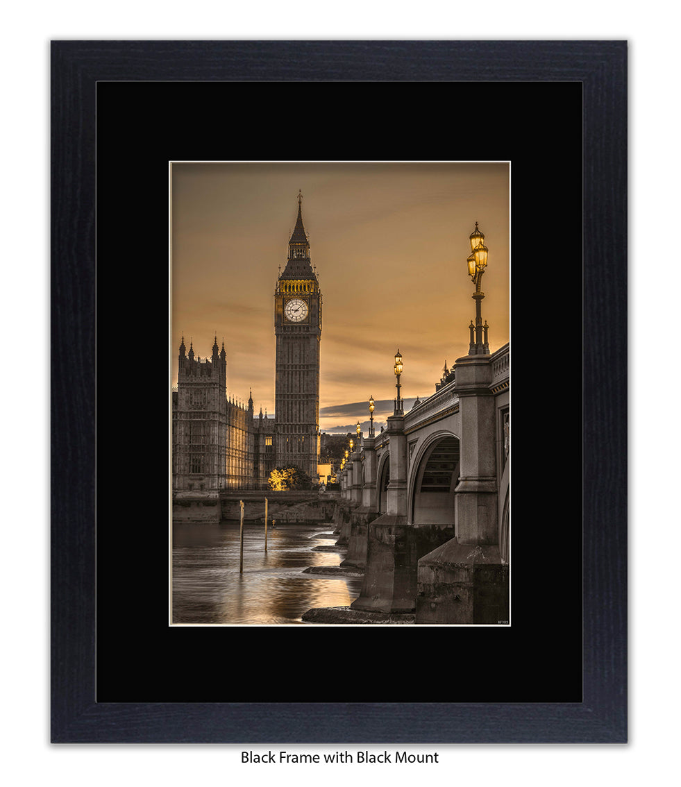 London - Big Ben Westminster Bridge Sunset Tone - Mounted & Framed Art Print