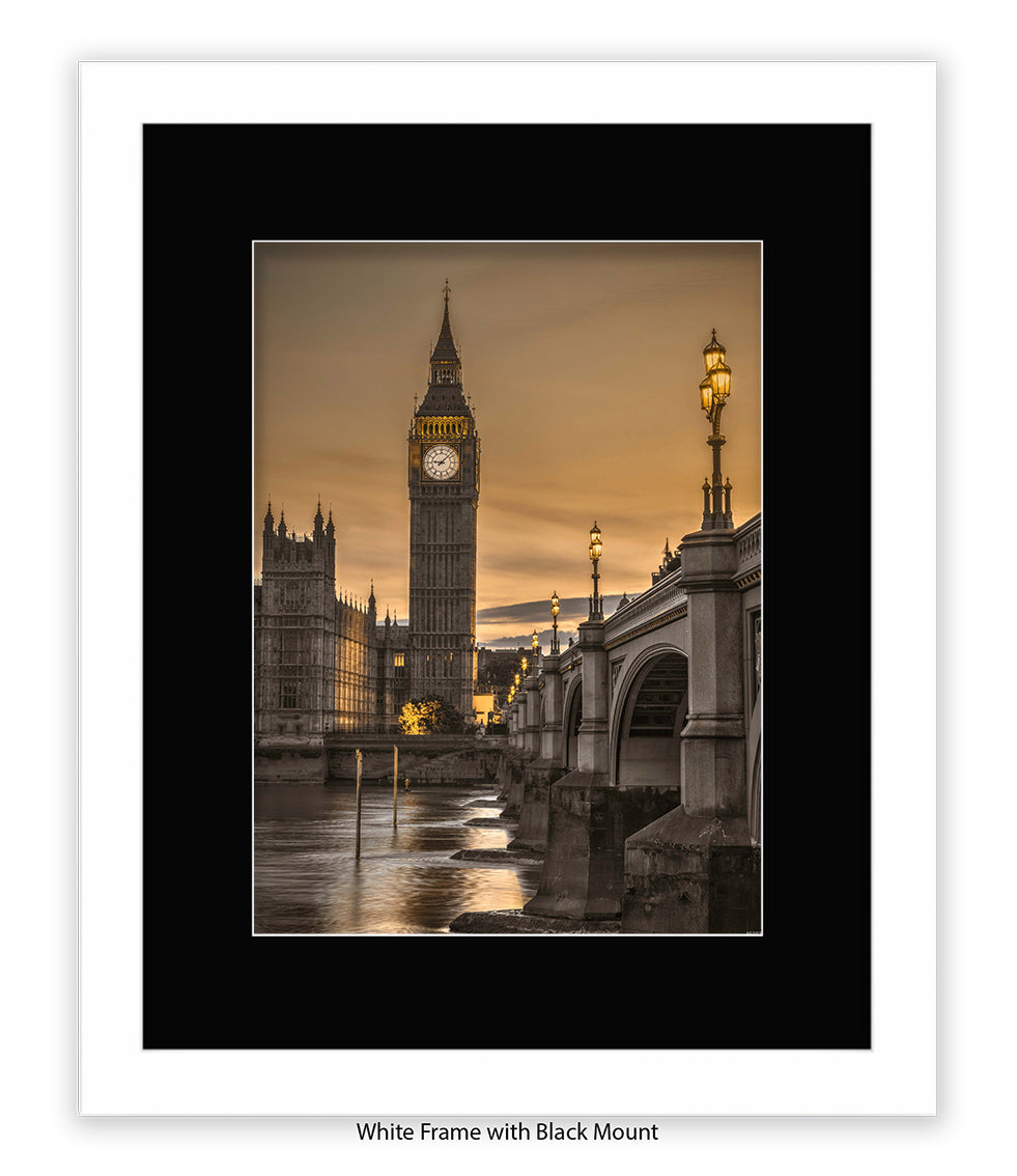 London - Big Ben Westminster Bridge Sunset Tone - Mounted & Framed Art Print