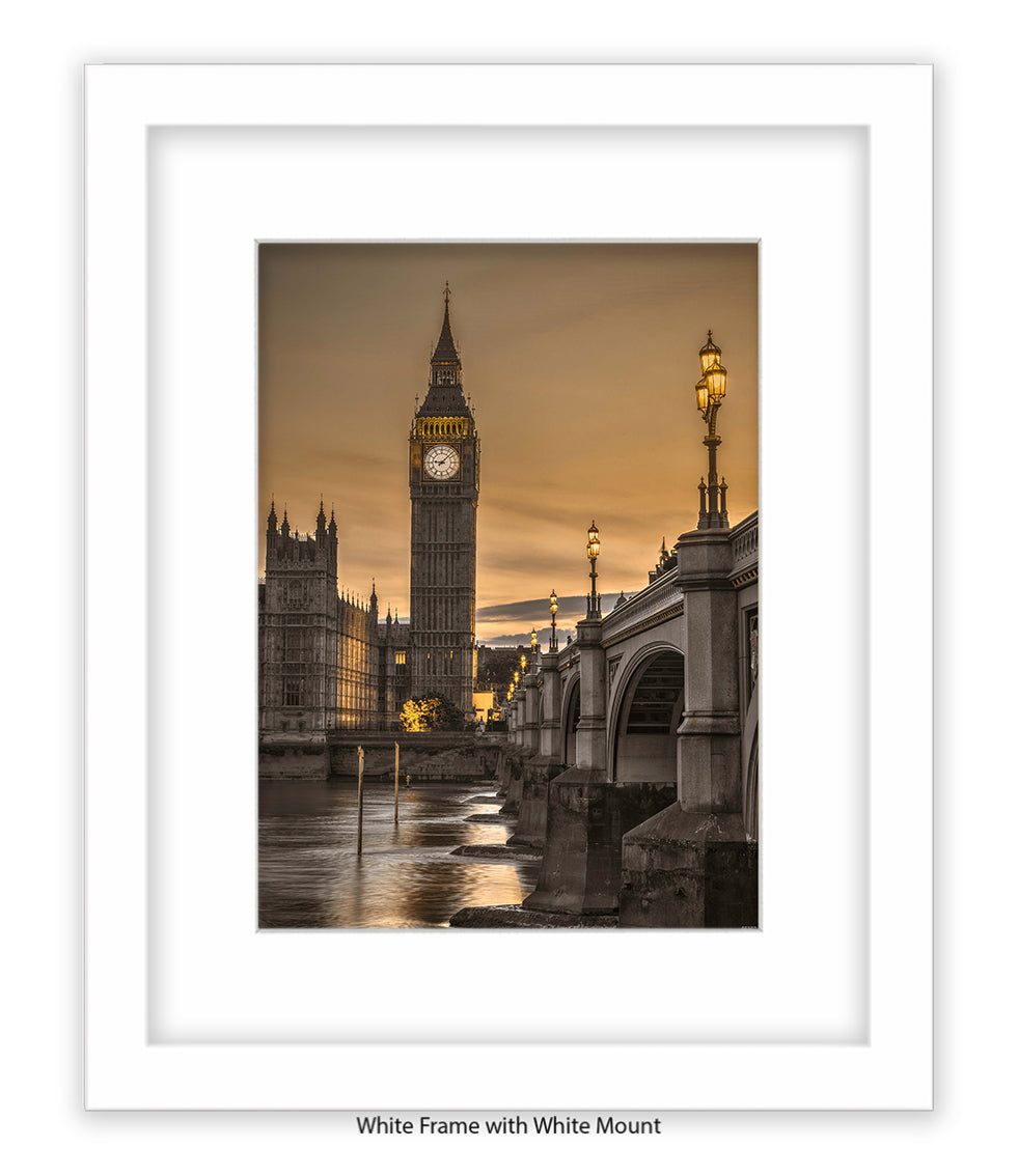 London - Big Ben Westminster Bridge Sunset Tone - Mounted & Framed Art Print