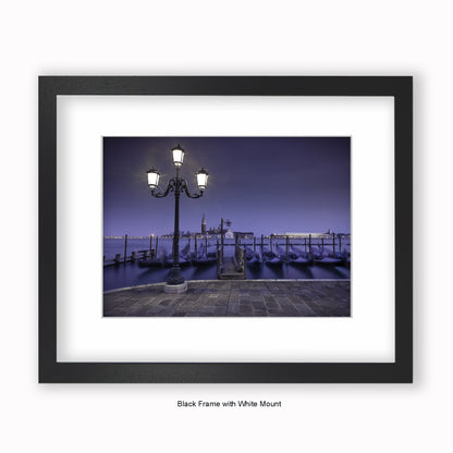 Italy - Venice Nighttime Gondolas - Mounted & Framed Art Print