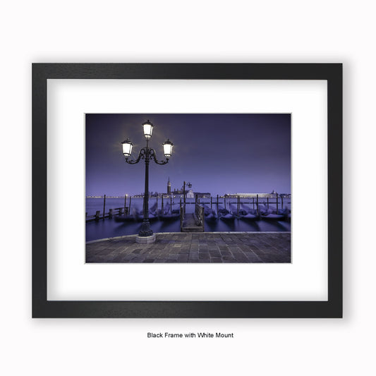 Italy - Venice Nighttime Gondolas - Mounted & Framed Art Print