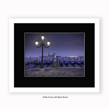Italy - Venice Nighttime Gondolas - Mounted & Framed Art Print