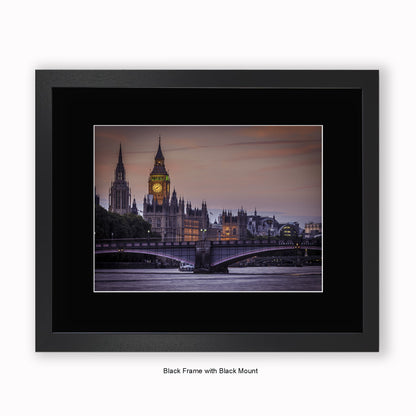 London - Big Ben River Thames Close Up 8.08pm - Mounted & Framed Art Print