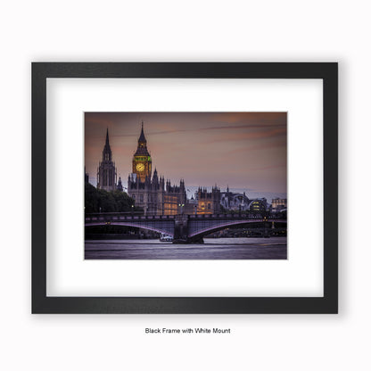 London - Big Ben River Thames Close Up 8.08pm - Mounted & Framed Art Print