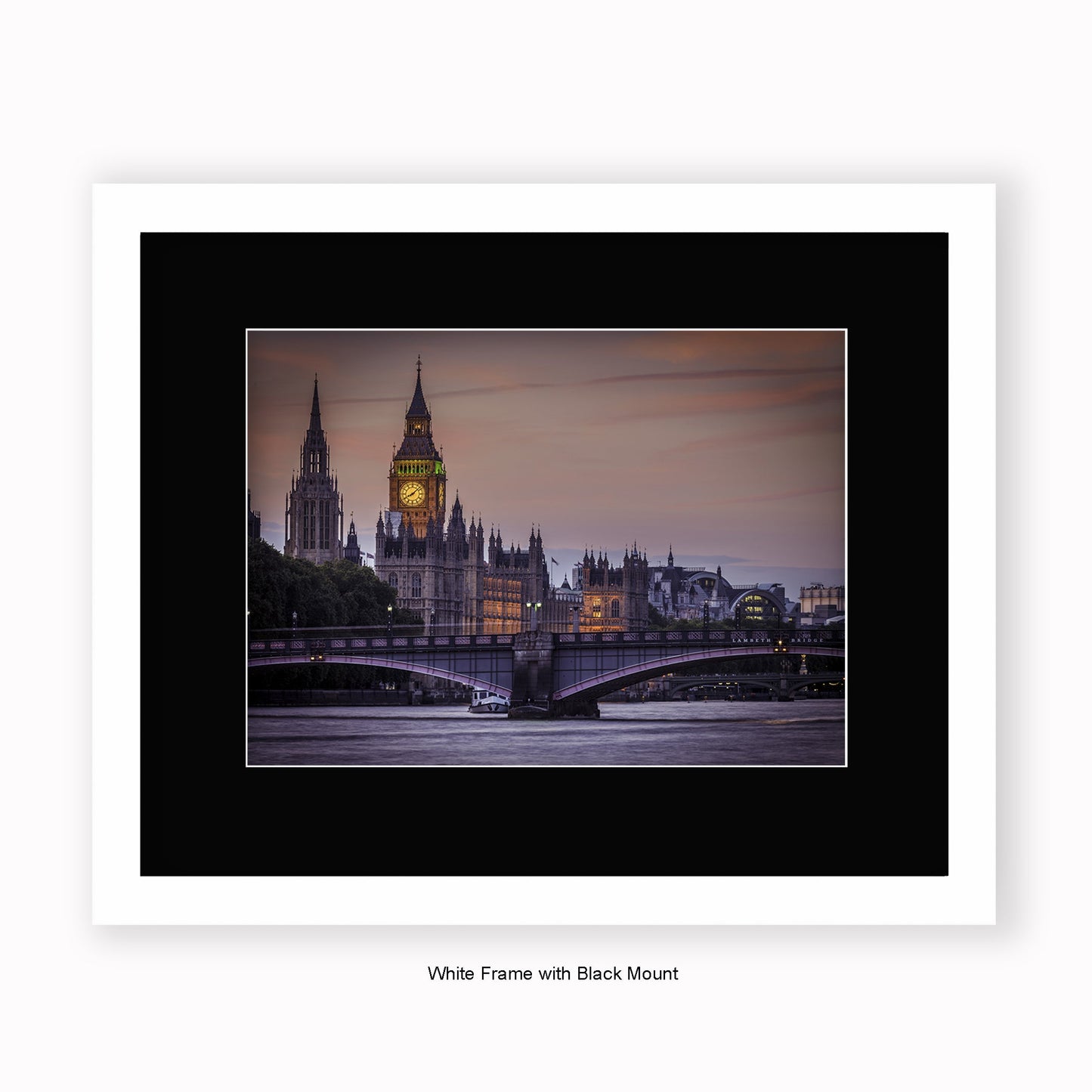 London - Big Ben River Thames Close Up 8.08pm - Mounted & Framed Art Print